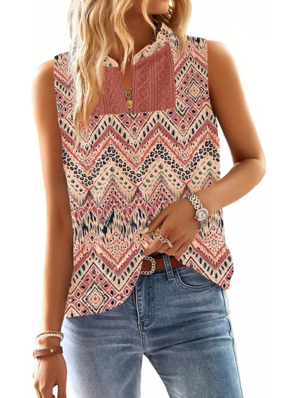Boho Flowy Lace Babydoll Tank Top - Women's Summer Sleeveless Blouse